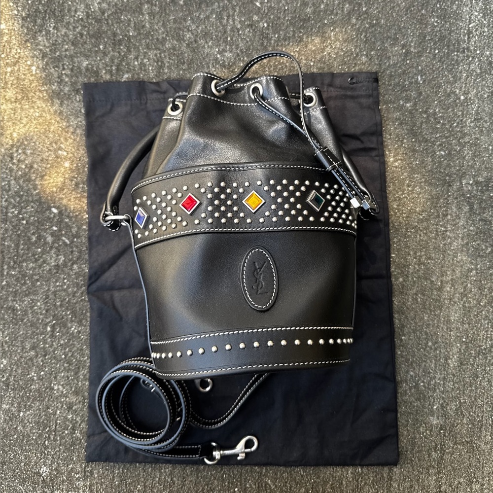 Yves Saint Laurent Black Bucket Bag with Multicolor Studs - Picture 2 of 6